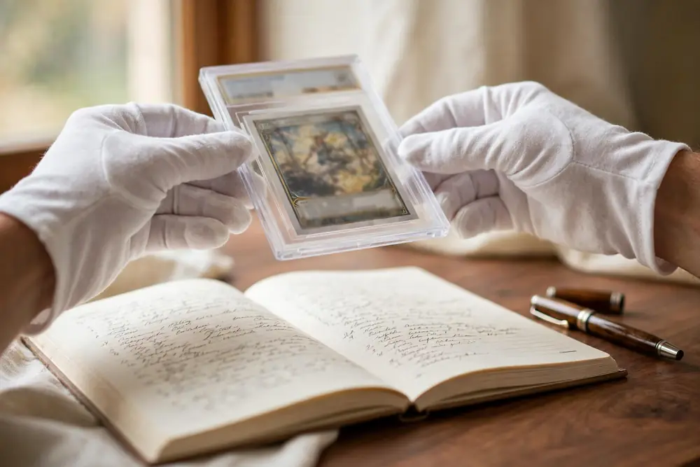 Hands holding a graded card in its slab over an open handwritten logbook on a wooden desk