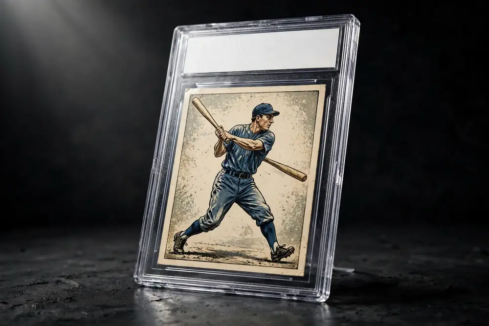 A graded vintage baseball card sealed in a clear slab, spotlit on a dark graphite surface
